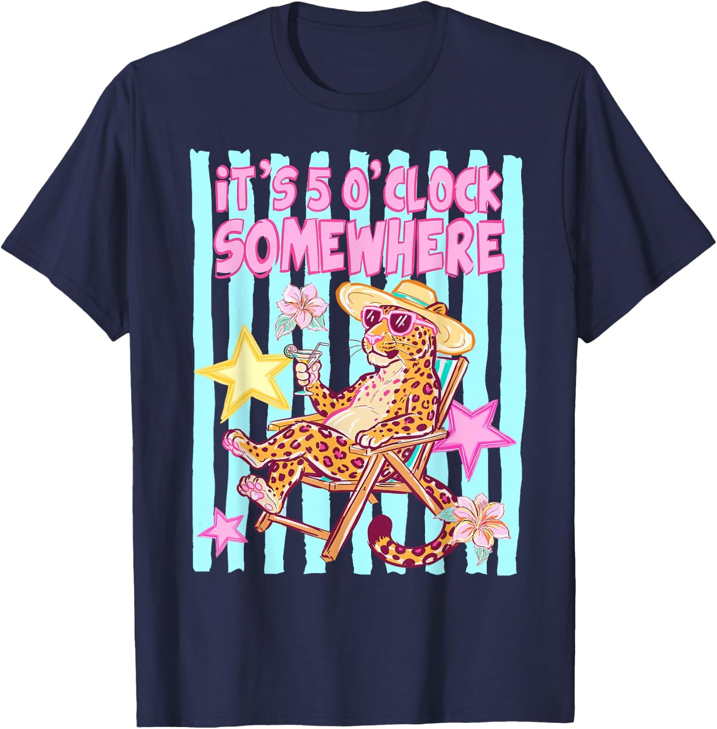 Striped It’s 5 O’Clock Somewhere Beach Vibes Leopard T-Shirt - T-Shirt | Navy