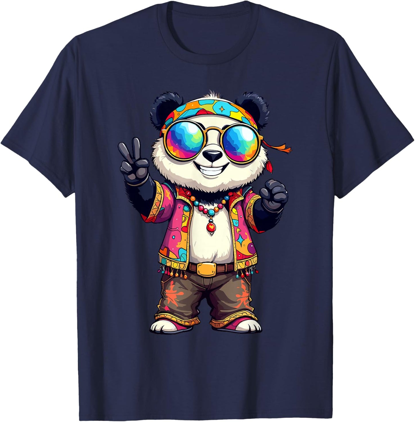 70s 60s Hippie Party Costume Groovy Panda Hippie T-Shirt - T-Shirt | Navy