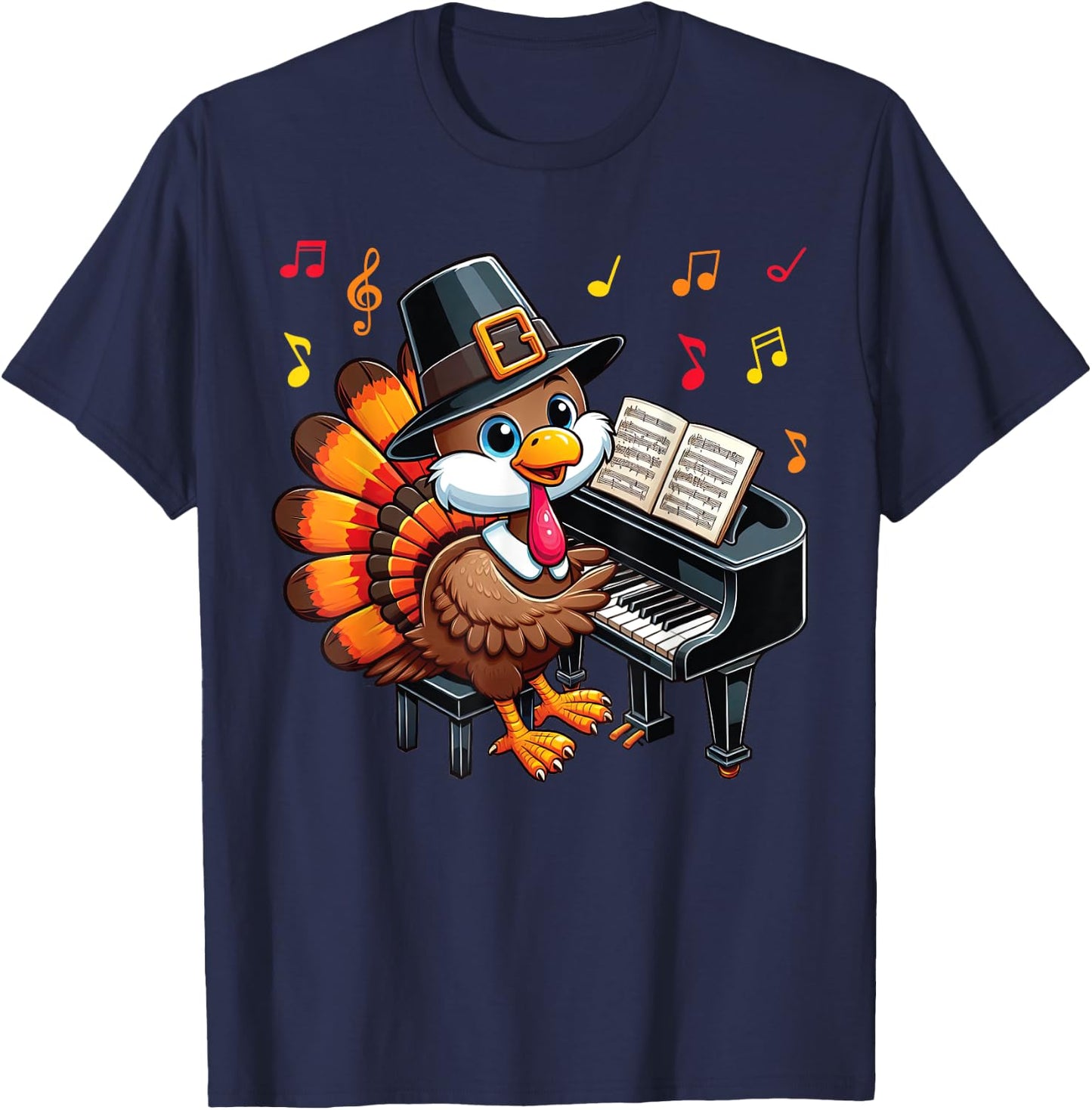 Funny Thanksgiving Turkey Playing Piano Music Lover T-Shirt - T-Shirt | Navy
