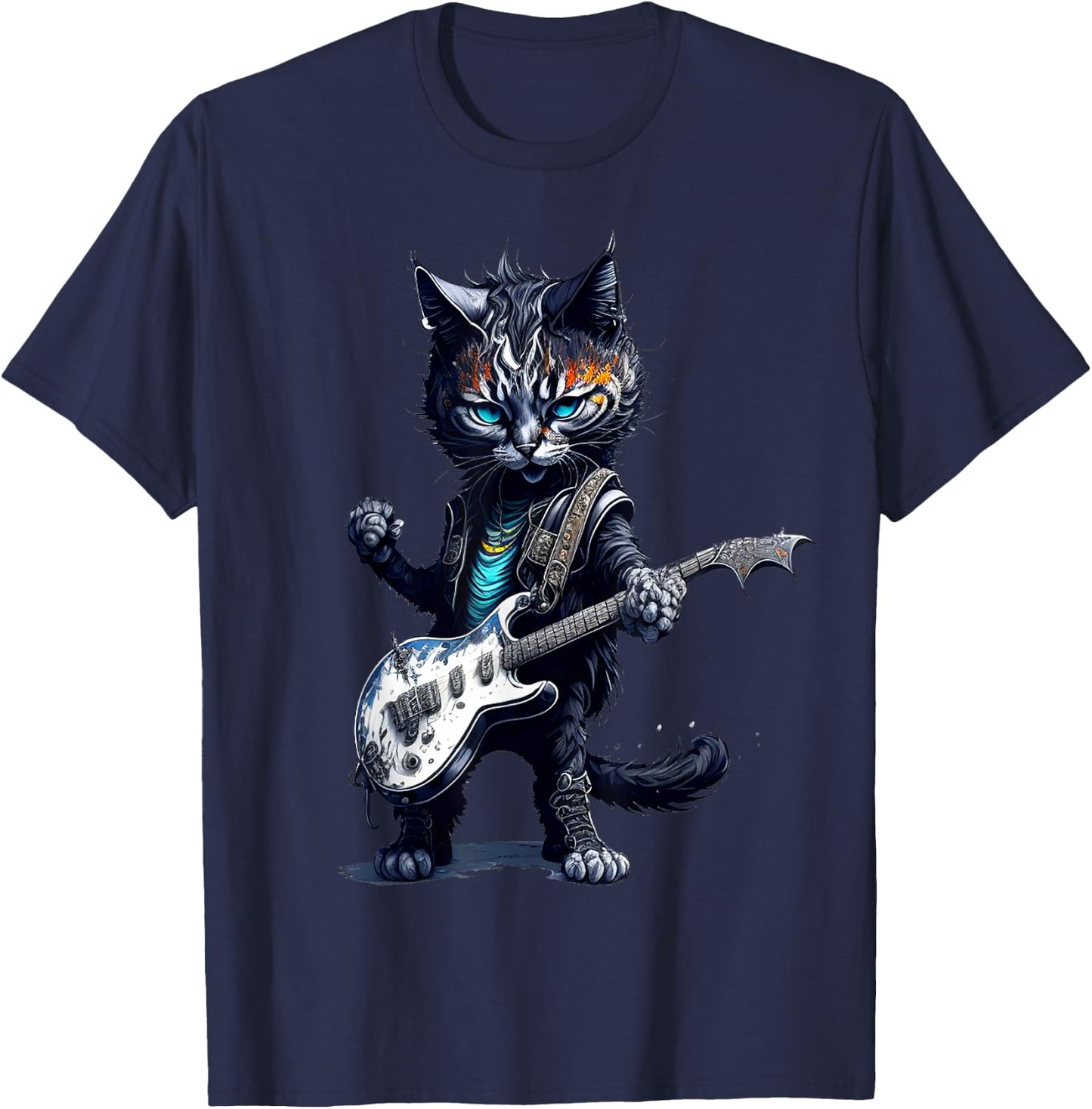 Funny Rock Cat Playing Guitar Rock Kitty Guitar Cat T-Shirt - T-Shirt | Navy