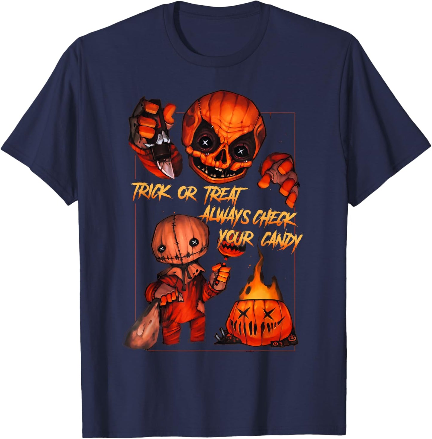 Vintage Trick Or Treat Always Check Your Candy, Pumpkin T-Shirt - T-Shirt | Navy