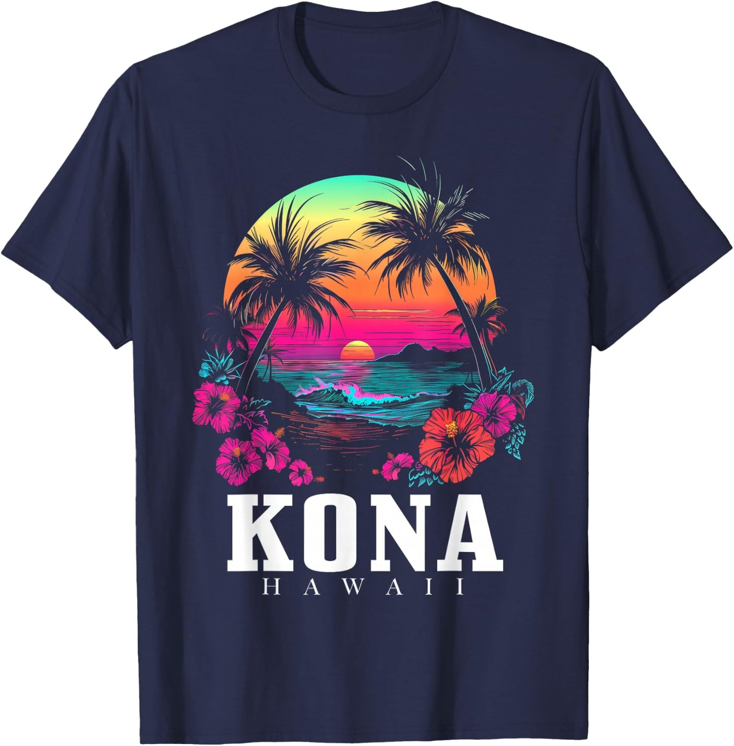 Kona Hawaii Hawaiian Hibiscus Flowers Surfer Souvenir T-Shirt - T-Shirt | Navy
