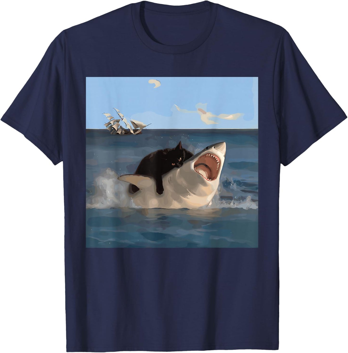 Cat Biting Shark Lustiger Kunst- und Katzenliebhaber Lustige Katze und Hai T-Shirt - T-Shirt | Navy