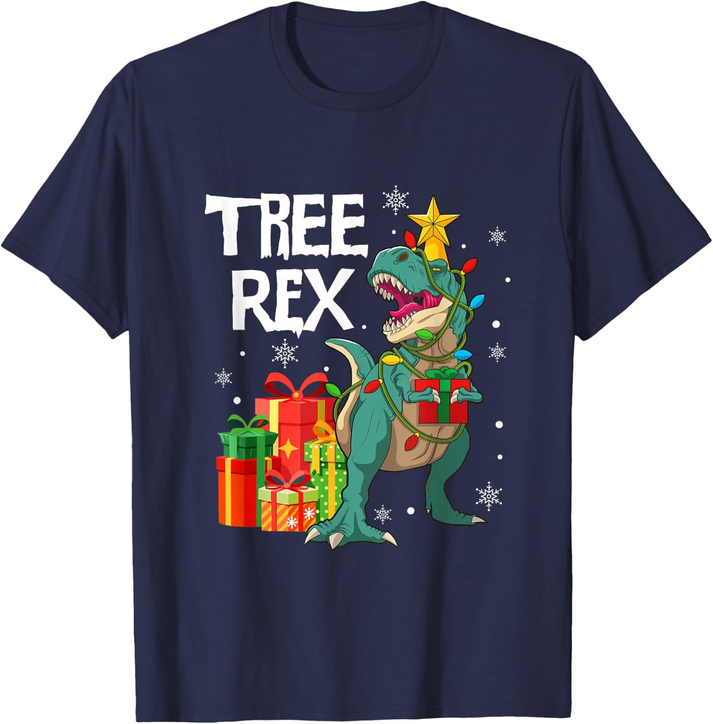 Dinosaur Christmas Tree Pajama Rex Reptile Men Xmas Lights T-Shirt - T-Shirt | Navy