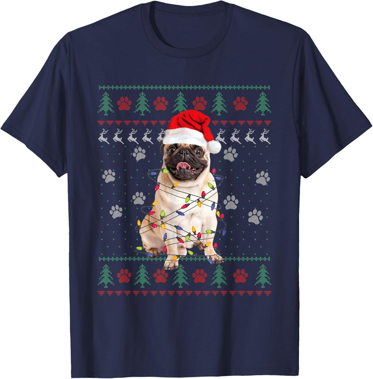 Pug Dog Ugly Christmas Sweater Santa Hat Animal Xmas Pajama T-Shirt - T-Shirt | Navy