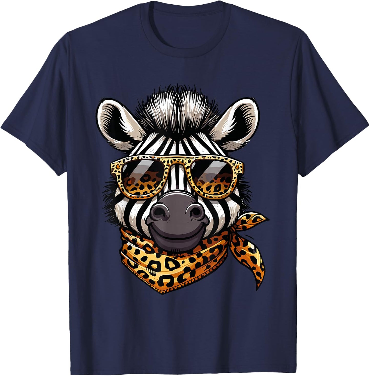 Zebra Wearing Leopard Print Scarf And Sunglasses T-Shirt - T-Shirt | Navy