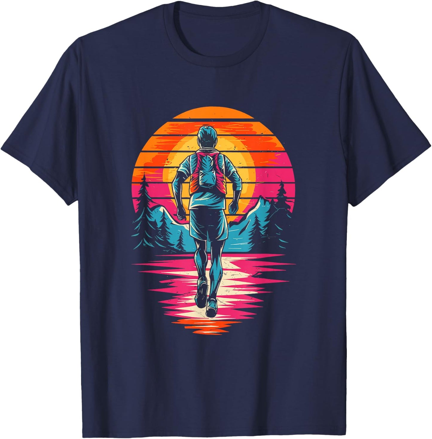 Retro Sunset Trail Running Marathon Runner Marathon , Black, S T-Shirt - T-Shirt | Navy