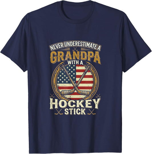 Never Underestimate a Grandpa with a Hockey Stick USA Flag T-Shirt - T-Shirt | Navy
