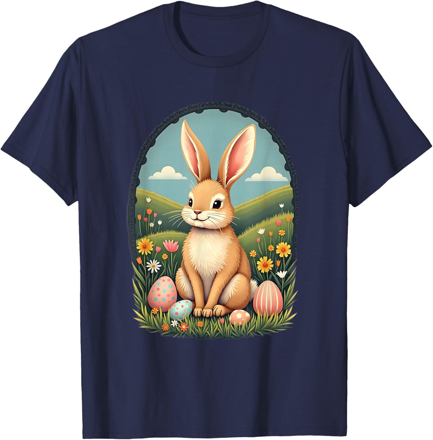 Cute and Playful Adorable Easter Bunny with Painted Eggs T-Shirt - T-Shirt | Navy