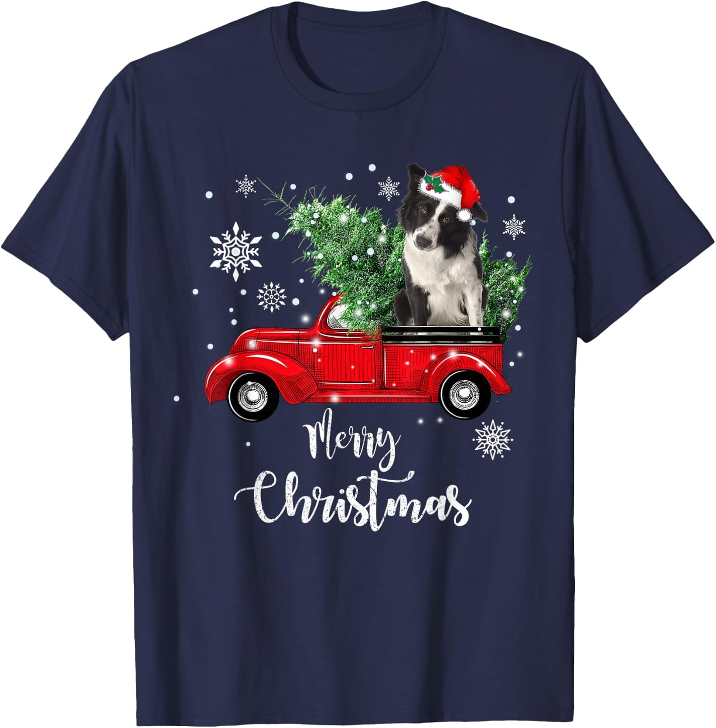 Red Truck Merry Christmas Tree Border Collie Dog Christmas T-Shirt - T-Shirt | Navy