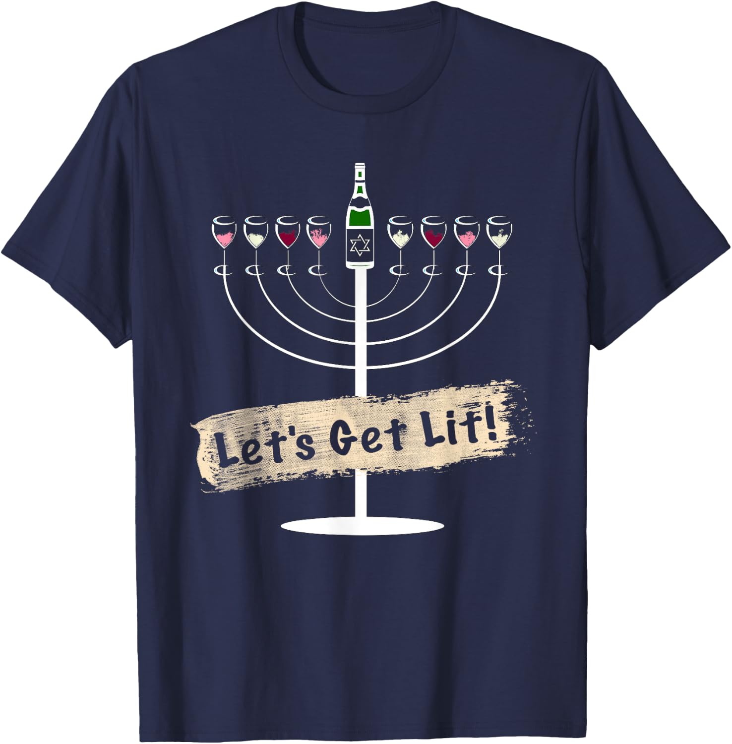 Let's Get Lit Funny Wine Lovers Hanukkah T-Shirt - T-Shirt | Navy