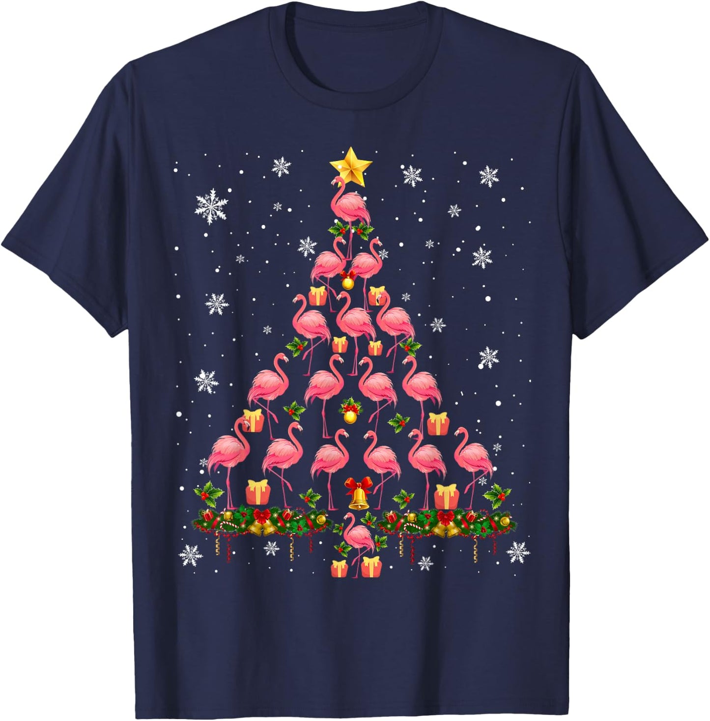 Pink Flamingo Christmas Tree Funny Animal Lover T-Shirt - T-Shirt | Navy