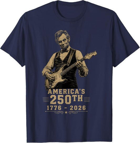 250th Anniversary America Abraham Lincoln Playing Guitar T-Shirt - T-Shirt | Navy