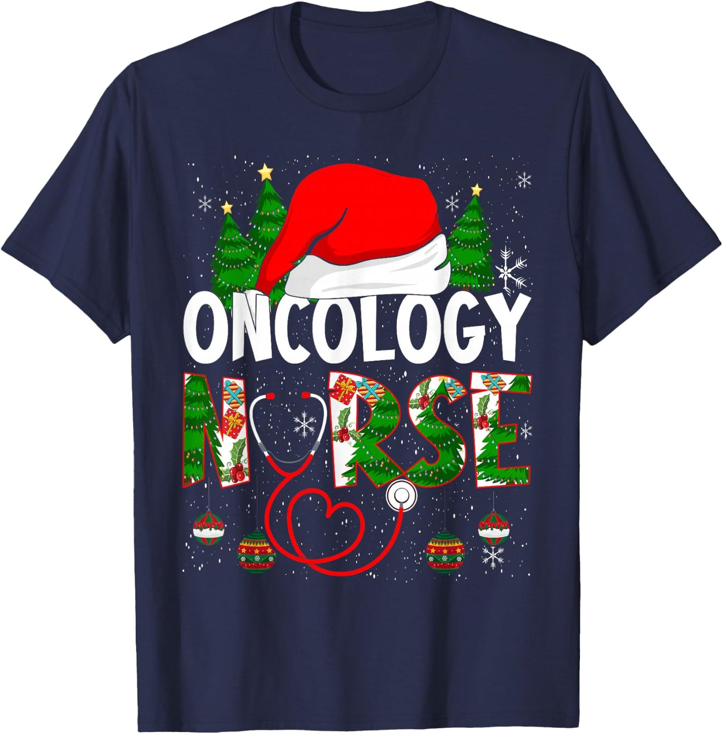 Merry Christmas Oncology Nurse RN Oncologist Nursing T-Shirt - T-Shirt | Navy