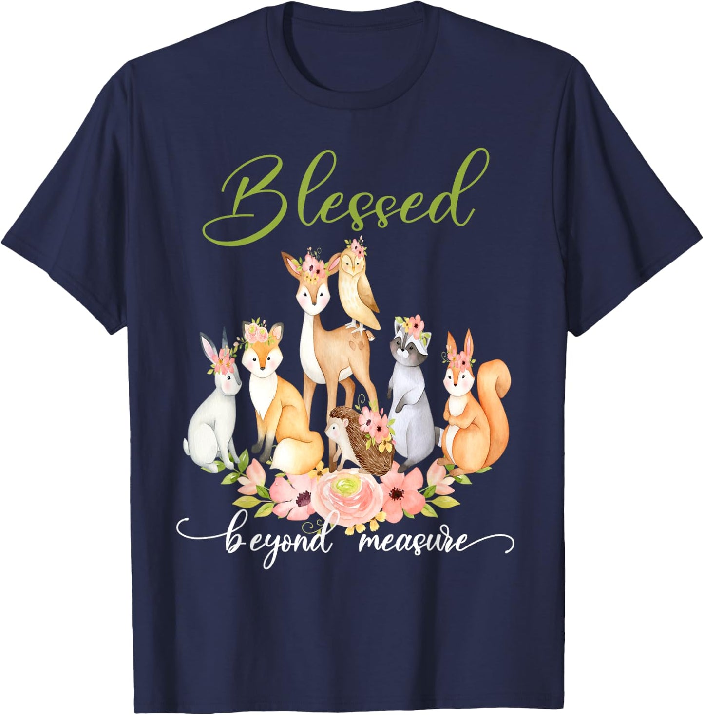 Blessed Beyond Measure Cute Floral Woodland Creatures T-Shirt - T-Shirt | Navy