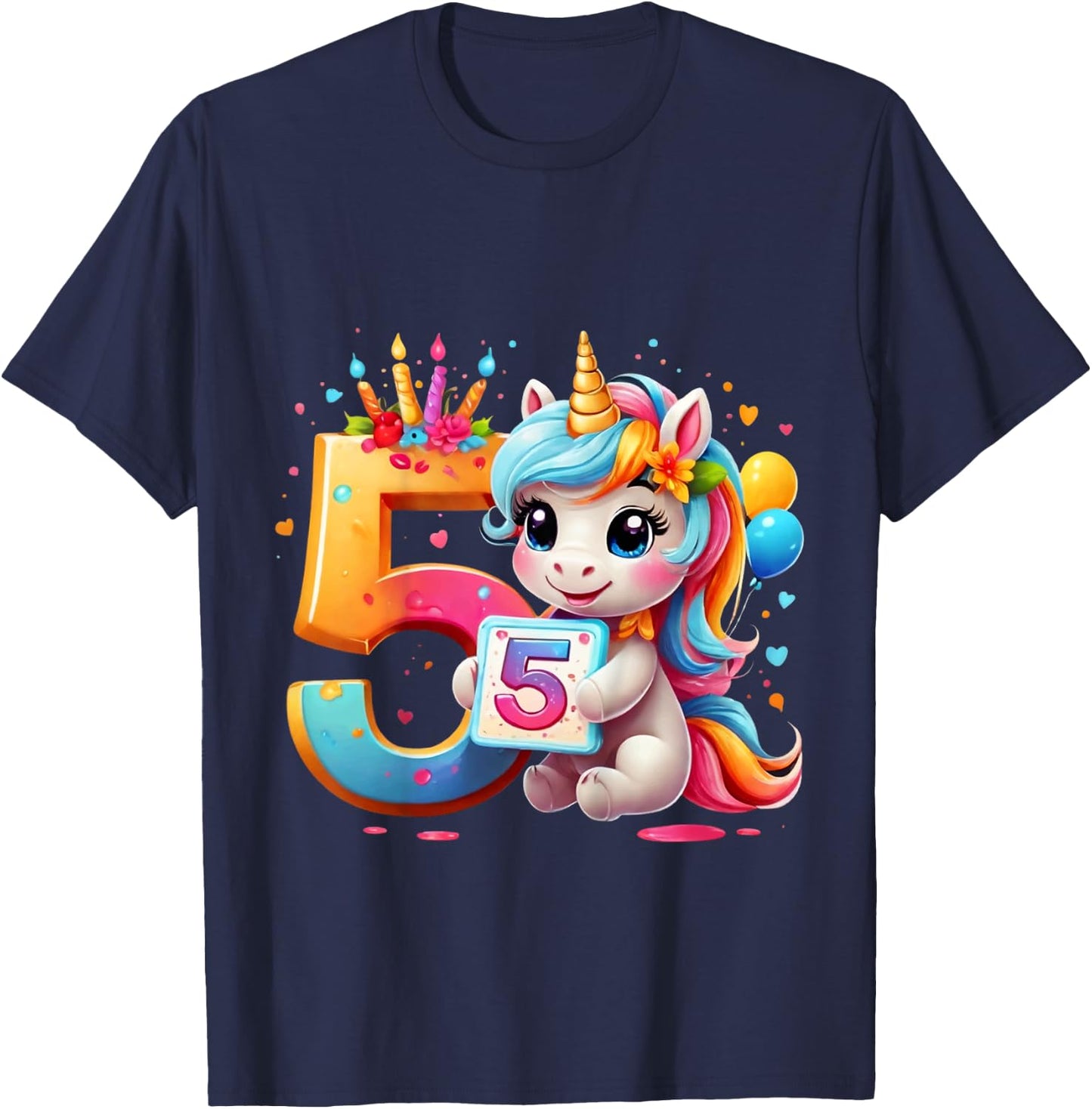 Children's Number 5 Years Girls Unicorn 5th Birthday , black T-Shirt - T-Shirt | Navy