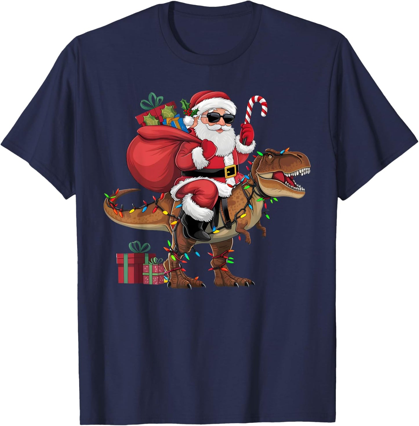Xmas Lighting Santa Riding Dinosaur T-Rex Christmas T-Shirt - T-Shirt | Navy