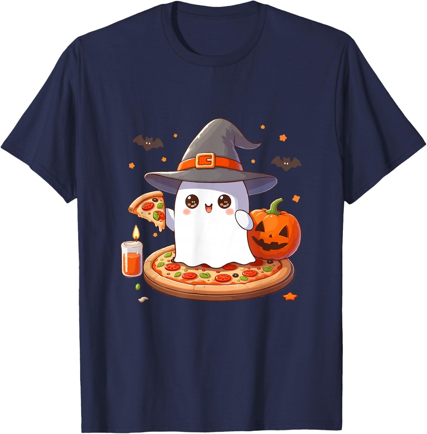 Halloween Cute Ghost Eating Pizza, Cute Ghost Pumpkin Pizza T-Shirt - T-Shirt | Navy