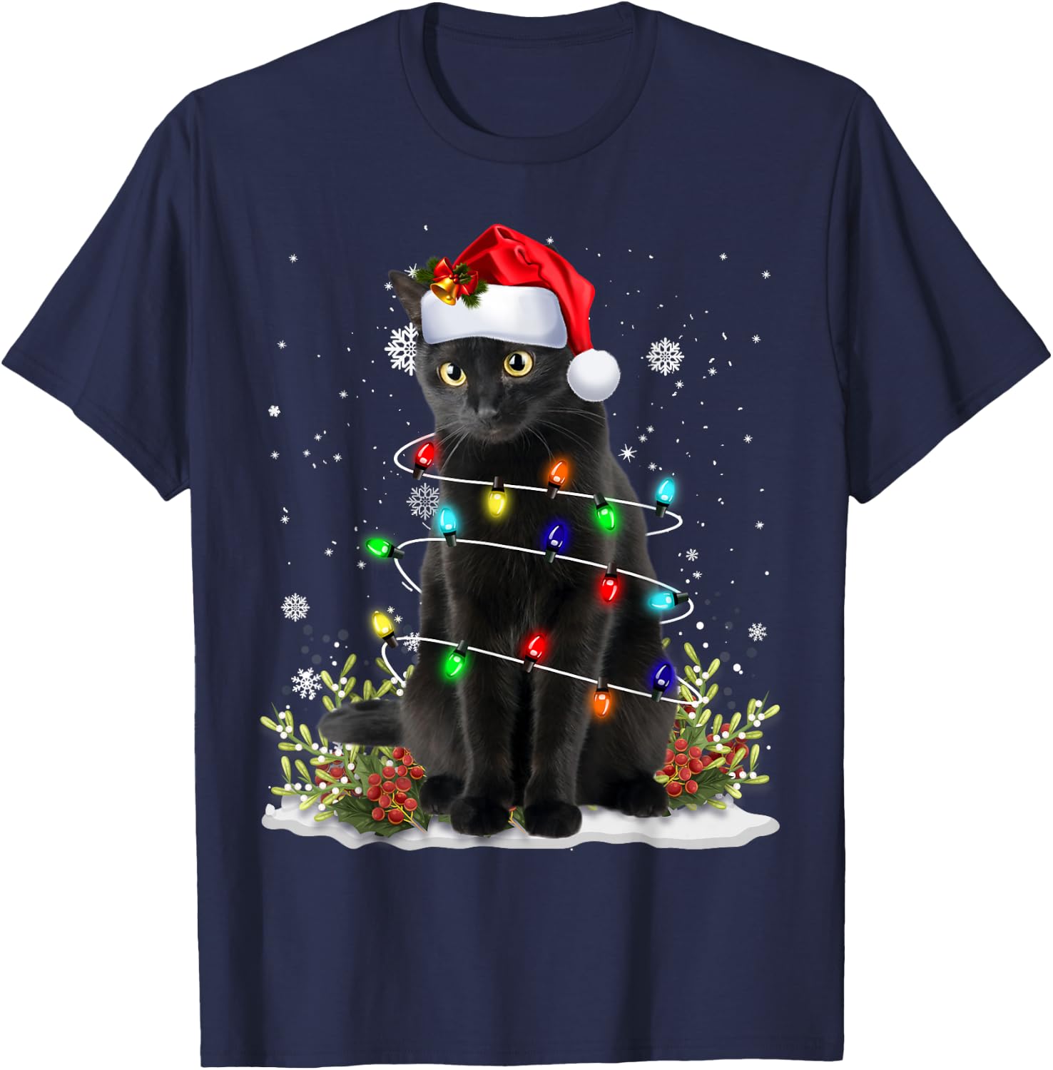 Black Cat Christmas Santa Hat Funny Meowy Cats Women Men T-Shirt - T-Shirt | Navy