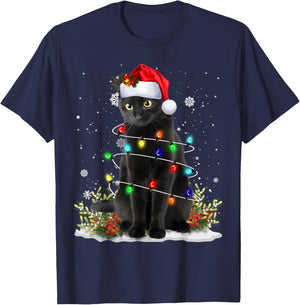 Black Cat Christmas Santa Hat Funny Meowy Cats Women Men T-Shirt - T-Shirt | Navy