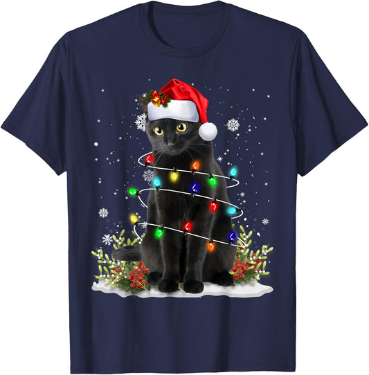 Black Cat Christmas Santa Hat Funny Meowy Cats Women Men T-Shirt - T-Shirt | Navy