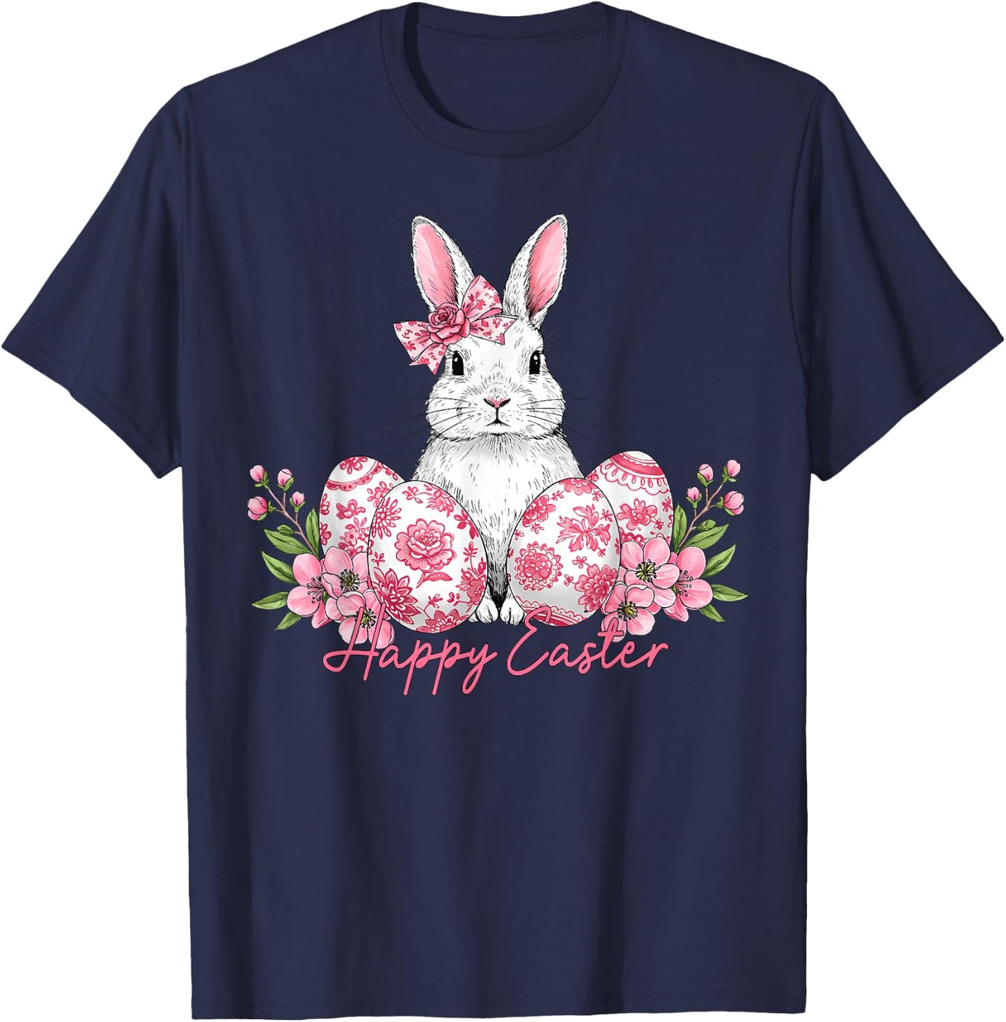Happy Easter Chinoiserie Eggs Florals Bunny Coquette Bow T-Shirt - T-Shirt | Navy
