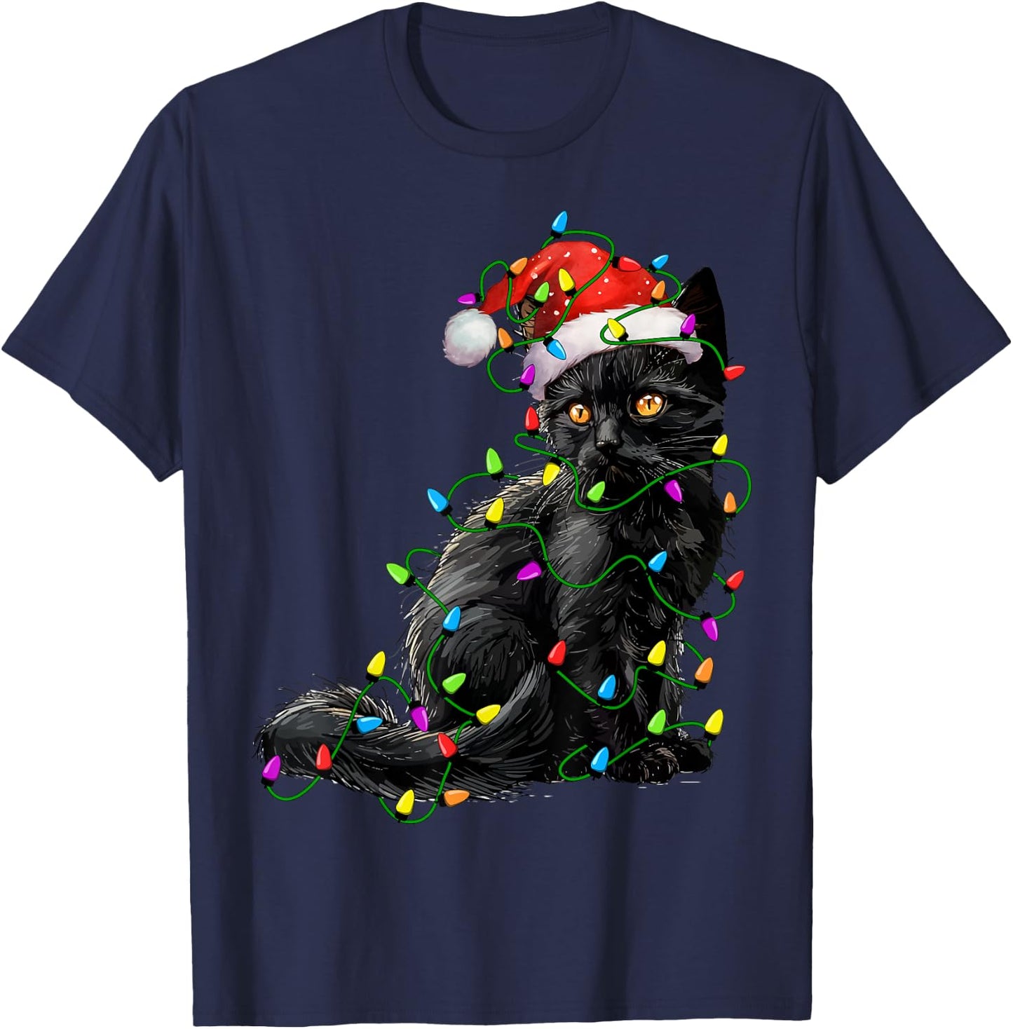 Black Cat Santa Christmas Tree Lighting Xmas Funny T-Shirt - T-Shirt | Navy