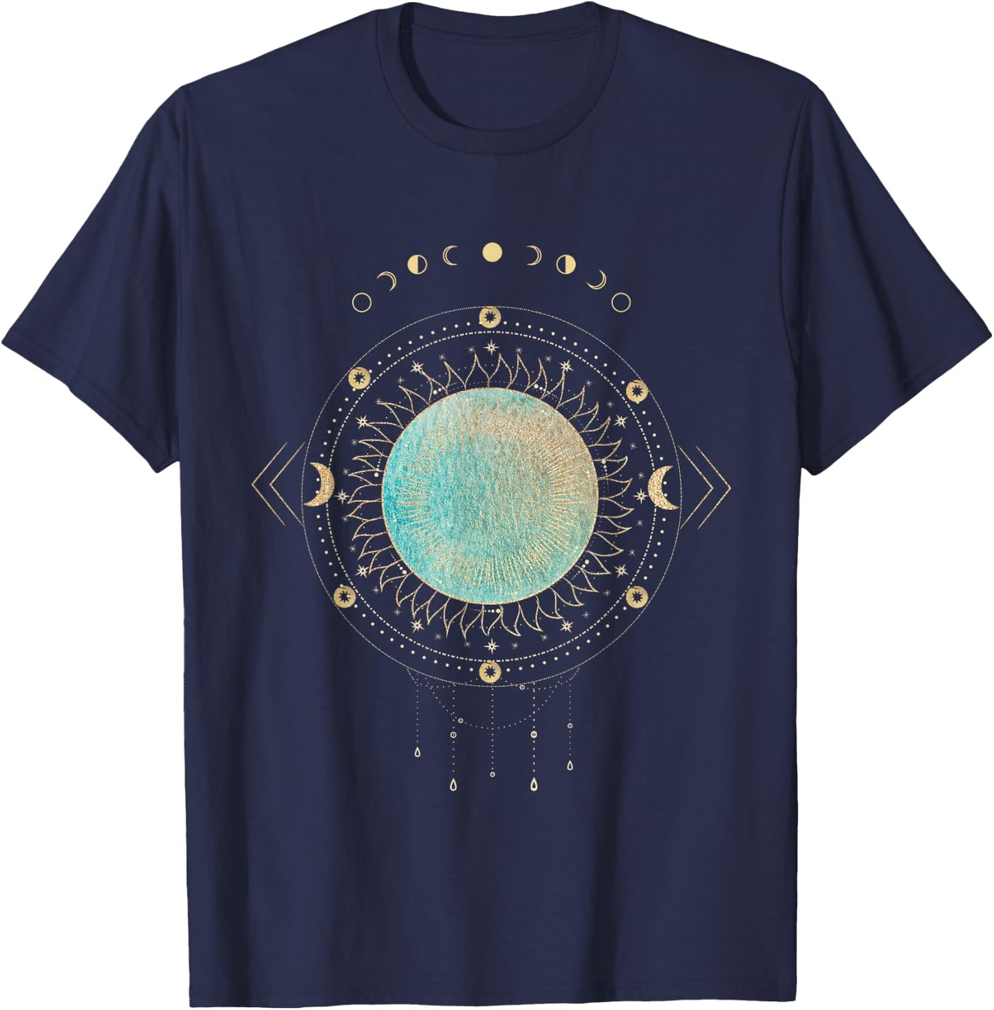 Sonne mit Traumfänger und goldener Mondphasen-Illustration T-Shirt - T-Shirt | Navy