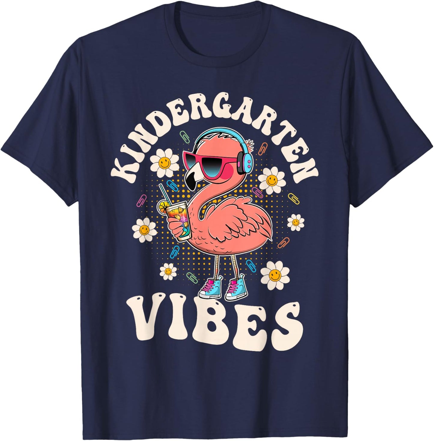 Flamingo Back to School Kindergarten Vibes Teacher Men Women Girls Kids T-Shirt - T-Shirt | Navy