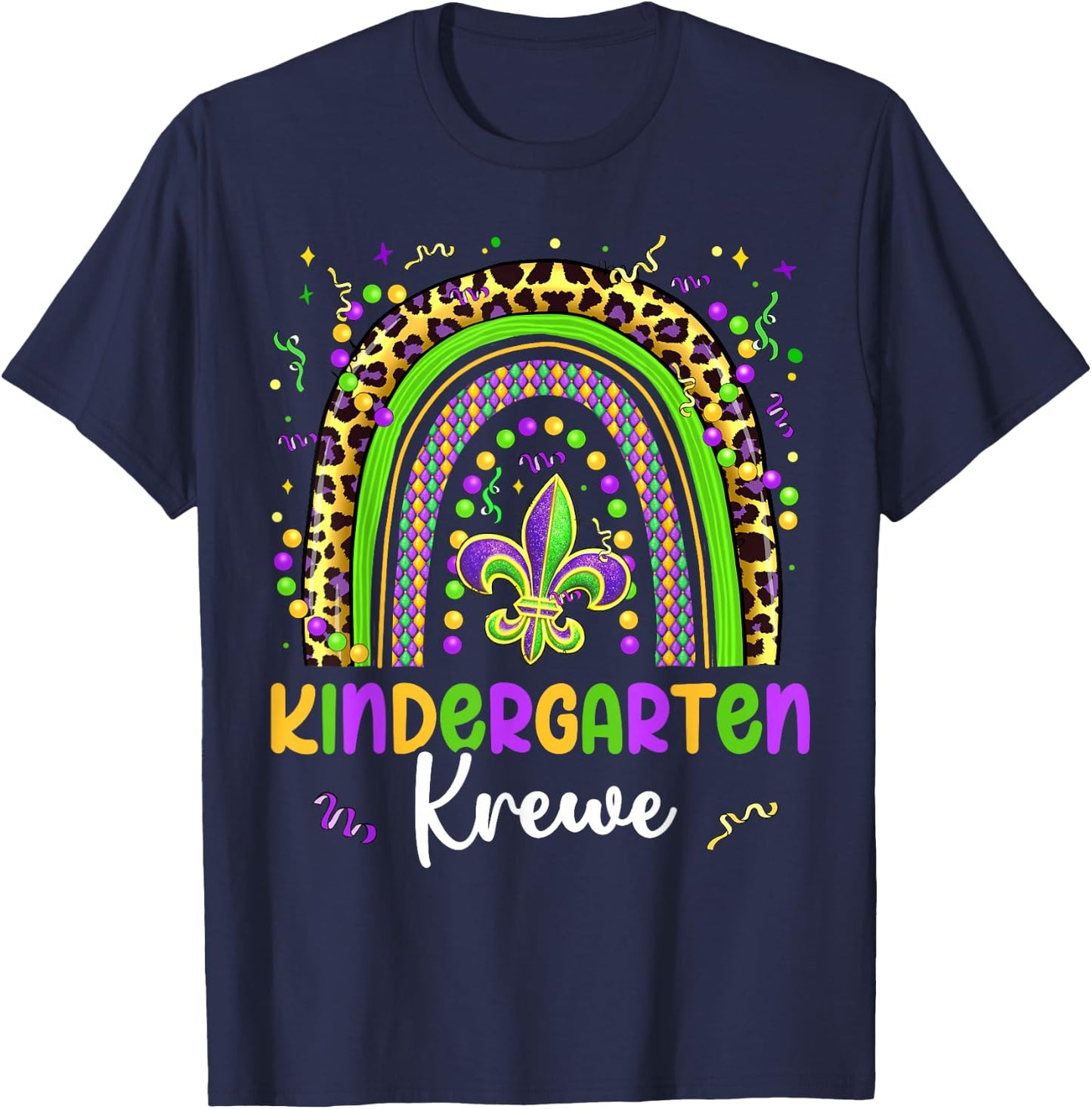 Mardi Gras Kindergarten Krewe Rainbow Teacher Kids Carnival T-Shirt - T-Shirt | Navy