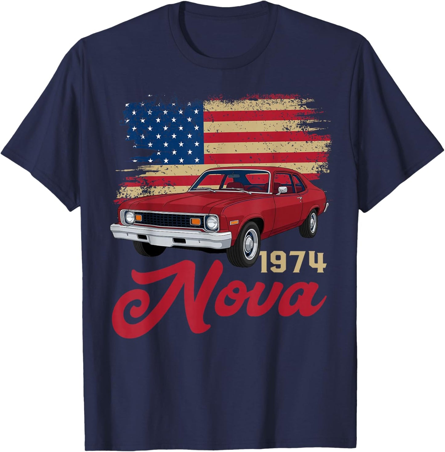 1974 74 Nova Silhouette Muscle Car American Flag T-Shirt - T-Shirt | Navy