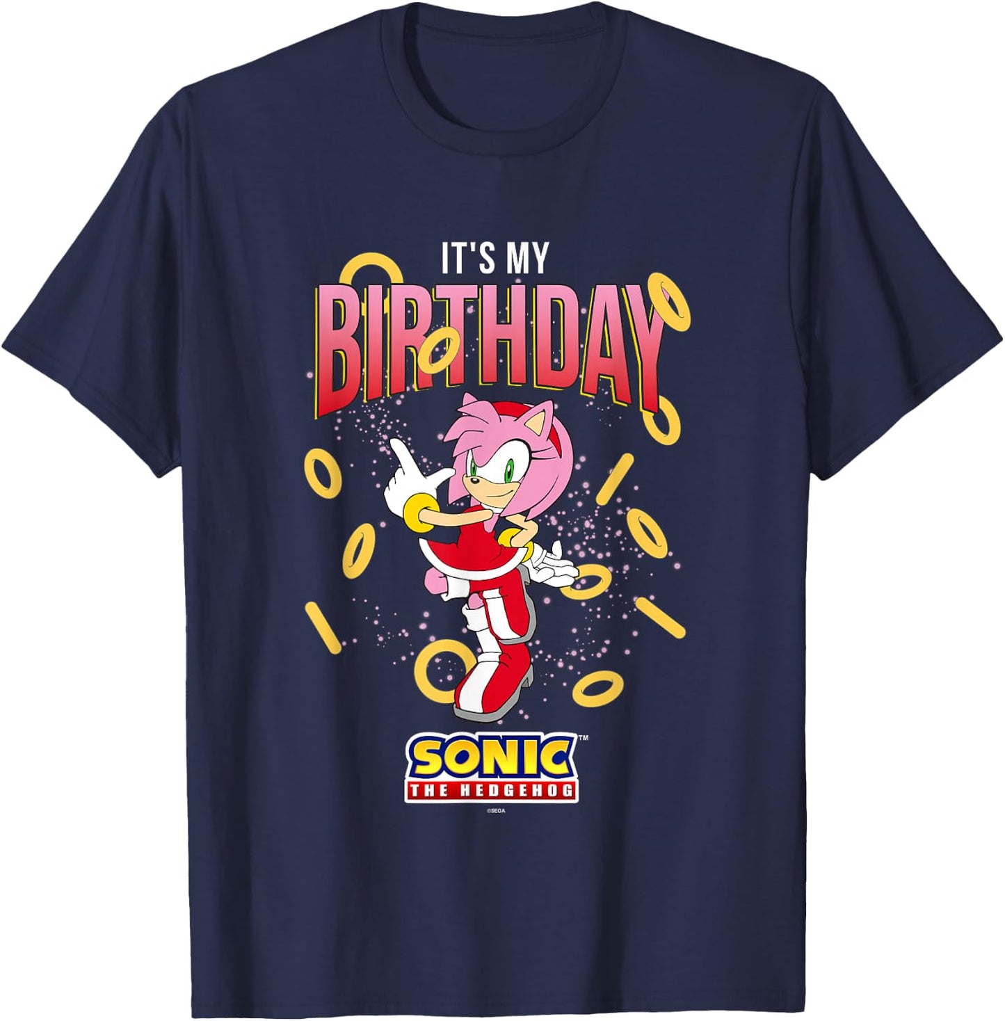 Sonic The Hedgehog Birthday It's My Birthday Amy Rose Rings T-Shirt - T-Shirt | Navy