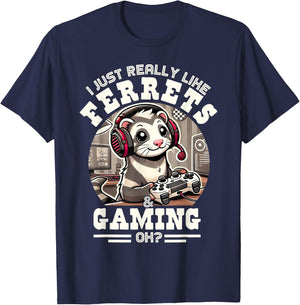 I Just Really Like Ferrets & Gaming, Ok? Funny Vintage T-Shirt - T-Shirt | Navy