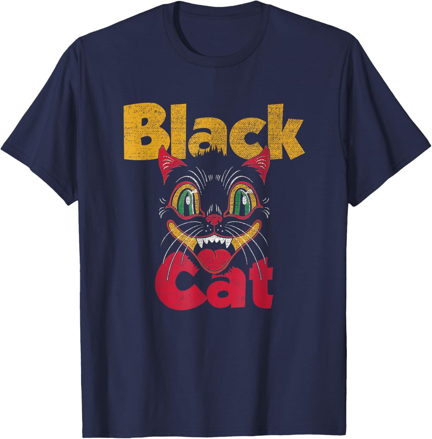Vintage Halloween Retro Black Cat Retro Fireworks Men Women T-Shirt - T-Shirt | Navy