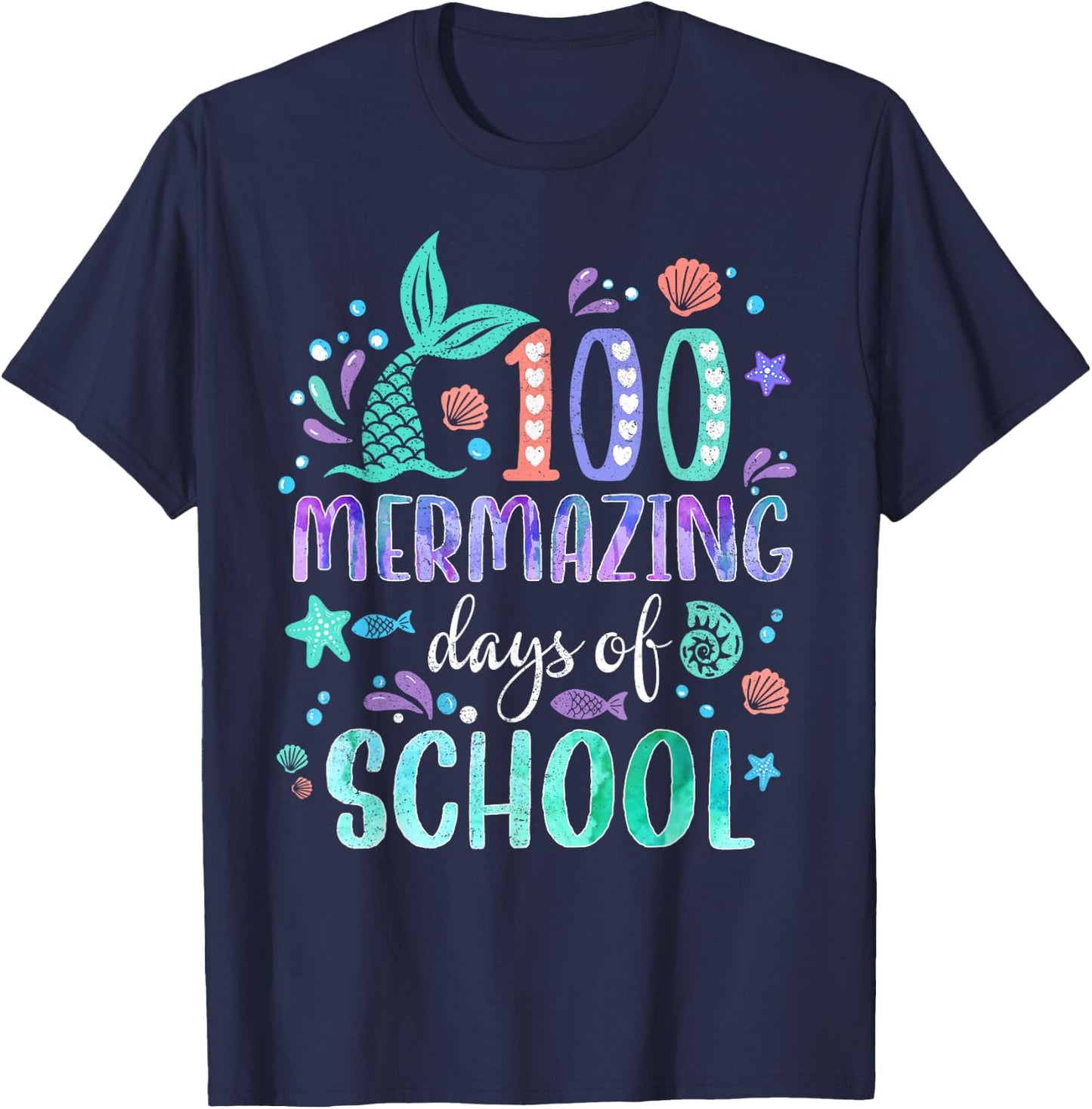 100th Day Mermaid Tail 100 Mermazing Days Of School Kids T-Shirt - T-Shirt | Navy