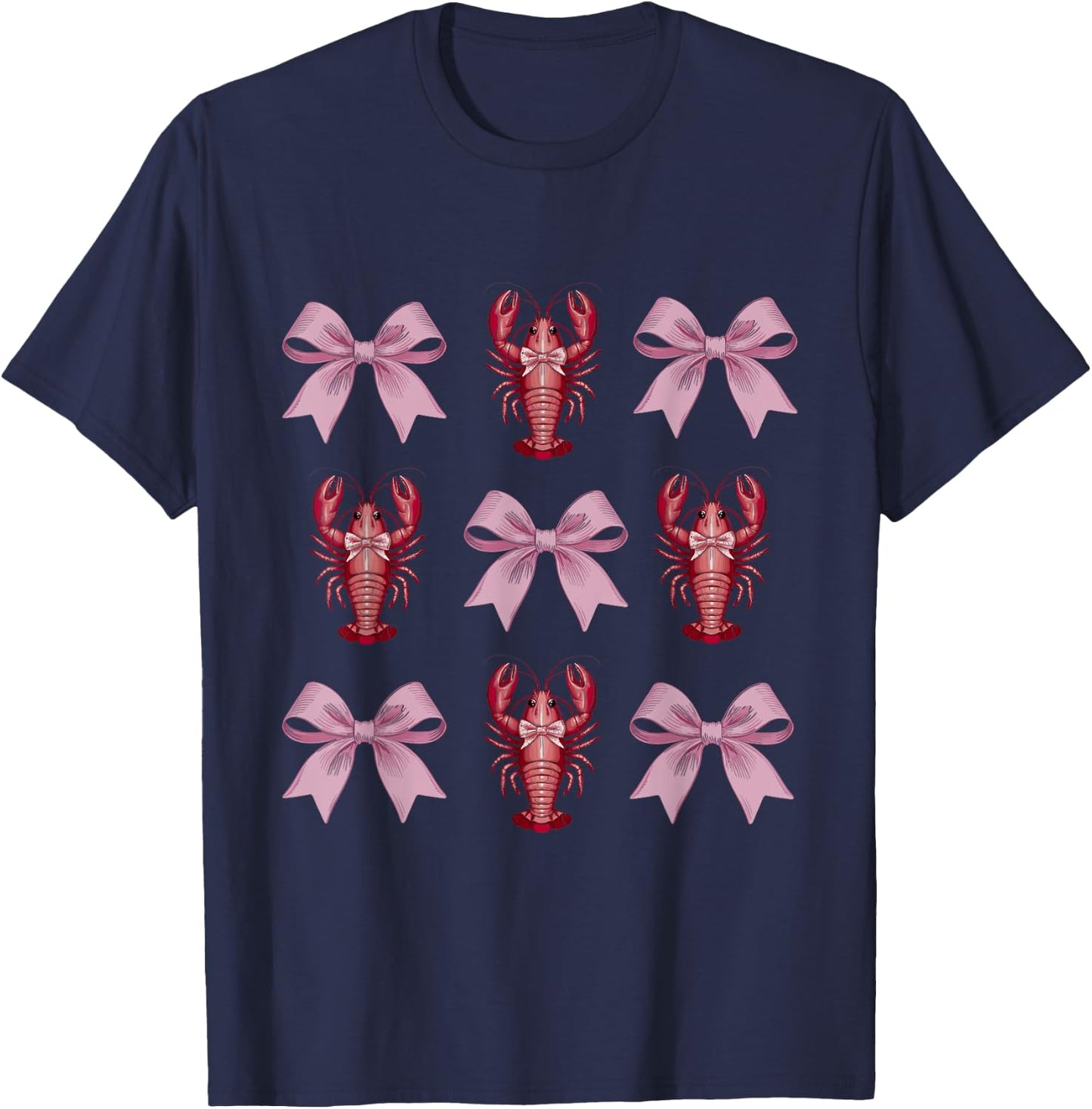 Cute Pink Bow Coquette Crawfish Clean Girl Aesthetic Lobster T-Shirt - T-Shirt | Navy