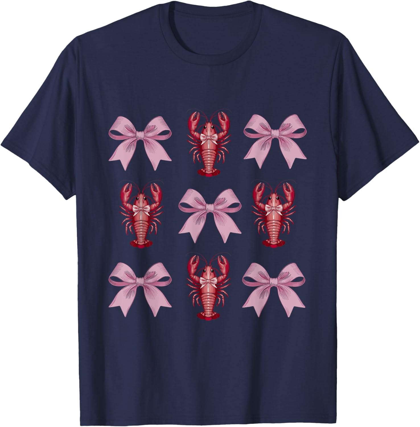 Cute Pink Bow Coquette Crawfish Clean Girl Aesthetic Lobster T-Shirt - T-Shirt | Navy