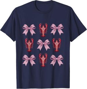 Cute Pink Bow Coquette Crawfish Clean Girl Aesthetic Lobster T-Shirt - T-Shirt | Navy