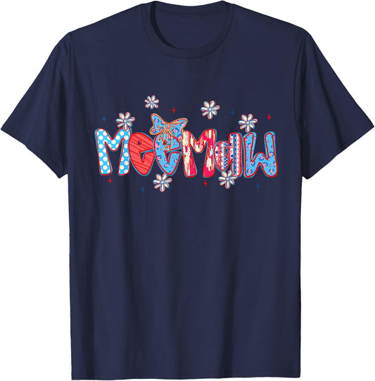 Meemaw Bow Leopard Flowers Funny 4th of July T-Shirt - T-Shirt | Navy