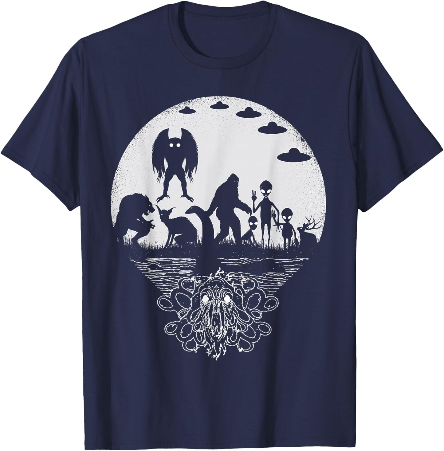 Bigfoot Mothman Loch Ness Monster And Aliens! Funny Cryptid T-Shirt - T-Shirt | Navy