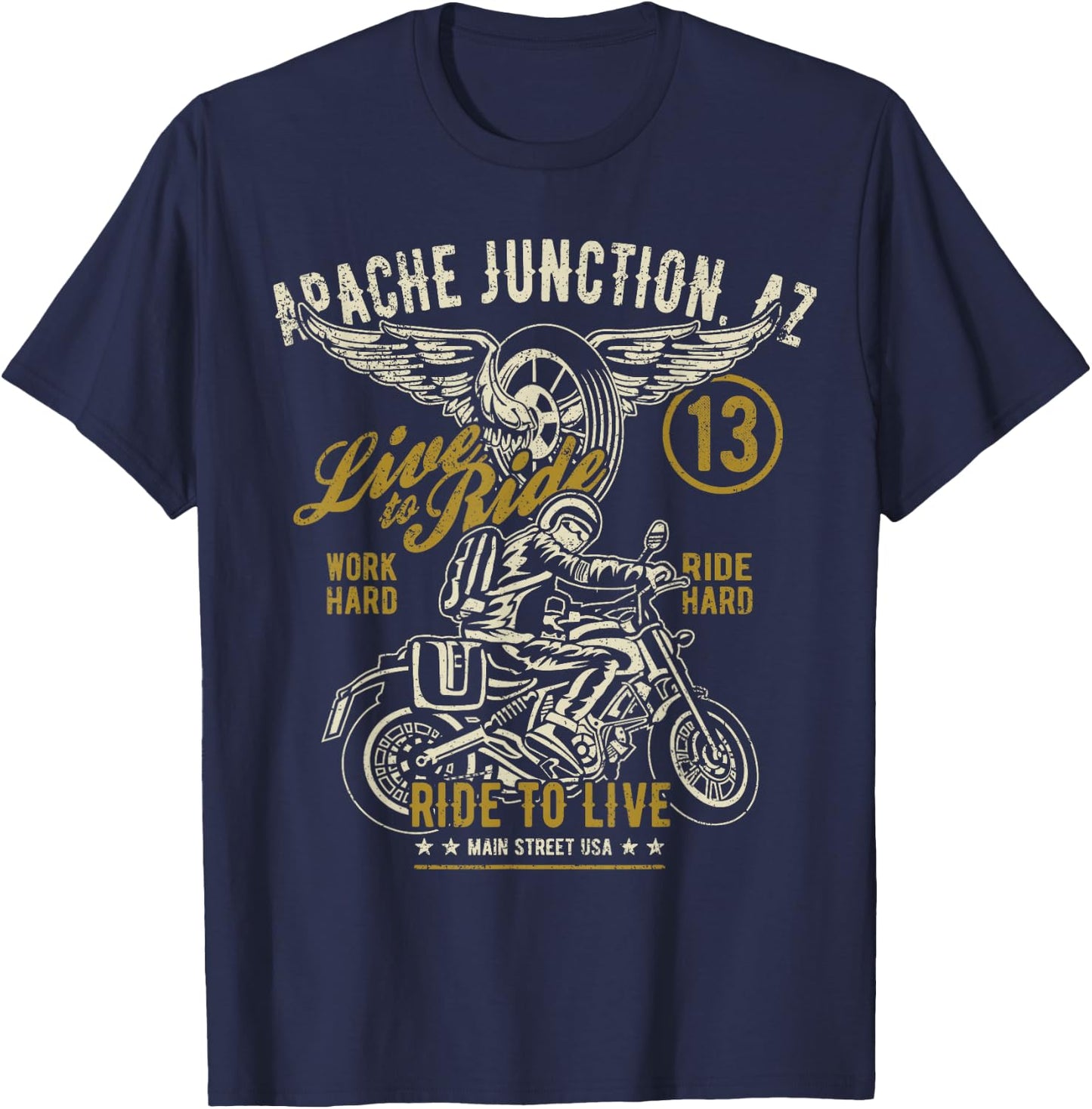 Apache Junction AZ USA Distressed Style Motorcycle Design T-Shirt - T-Shirt | Navy