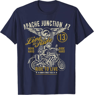 Apache Junction AZ USA Distressed Style Motorcycle Design T-Shirt - T-Shirt | Navy