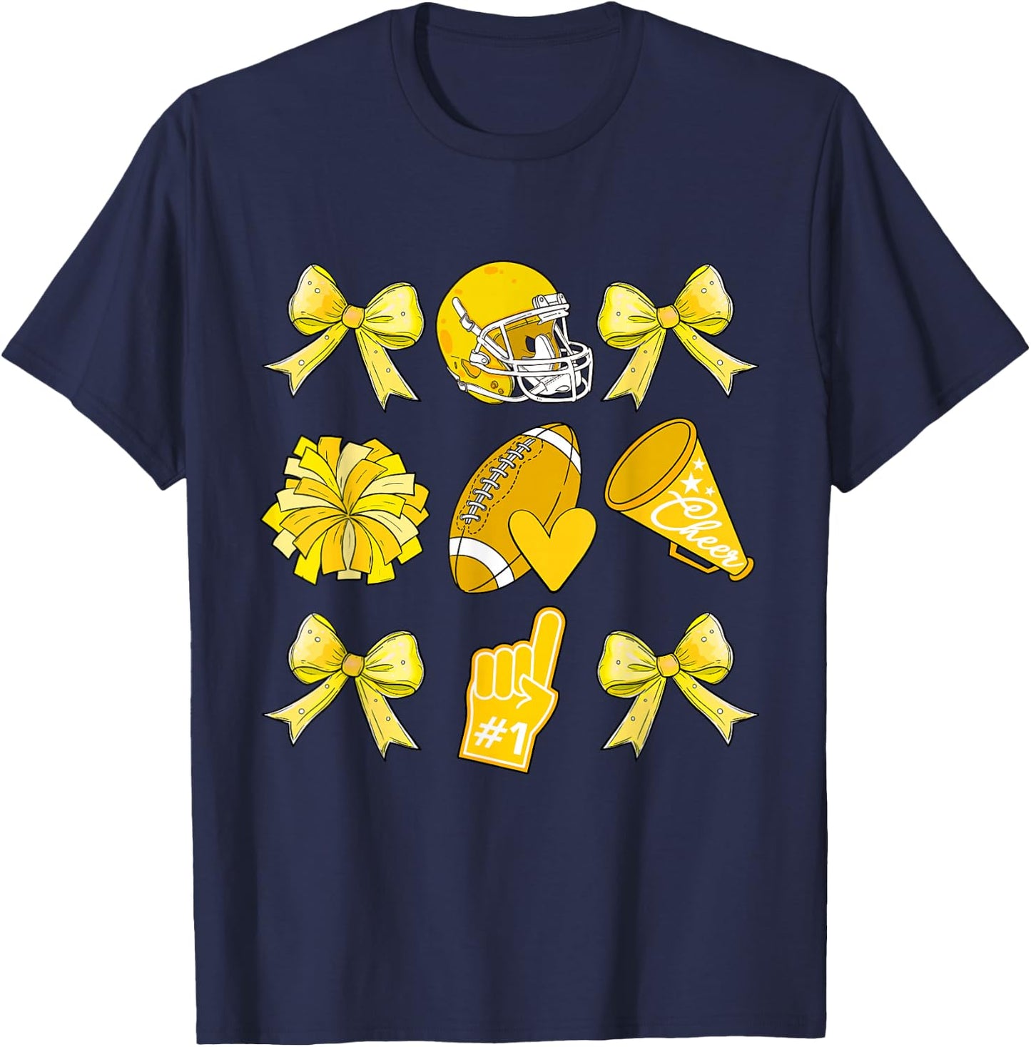 Cheer Football Coquette Bow Game Day Cheerleader Yellow T-Shirt - T-Shirt | Navy