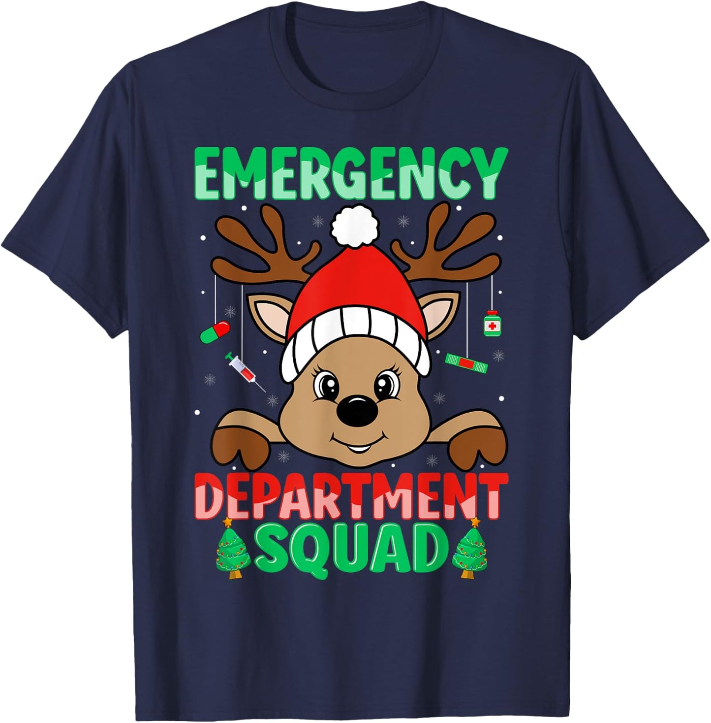 Emergency Department Squad ER Nurse Reindeer Christmas T-Shirt - T-Shirt | Navy