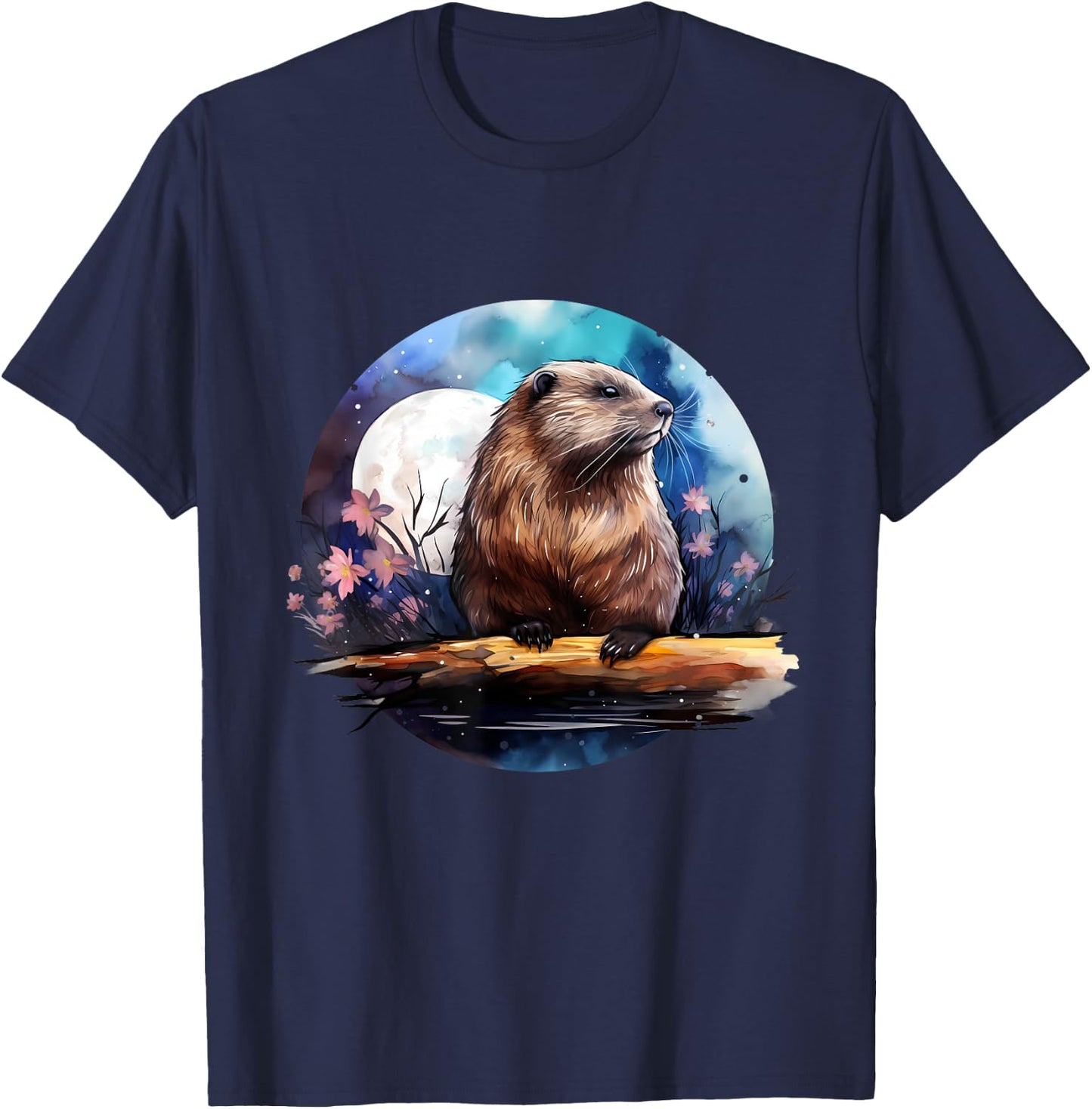 Beaver Flowers Colourful Animal Art Artwork Nature Forest T-Shirt - T-Shirt | Navy