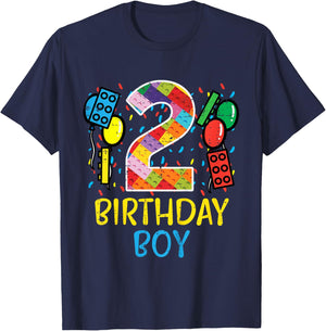 2 Birthday Boy Building Blocks 2nd Bday Boys Kids Toddler T-Shirt - T-Shirt | Navy