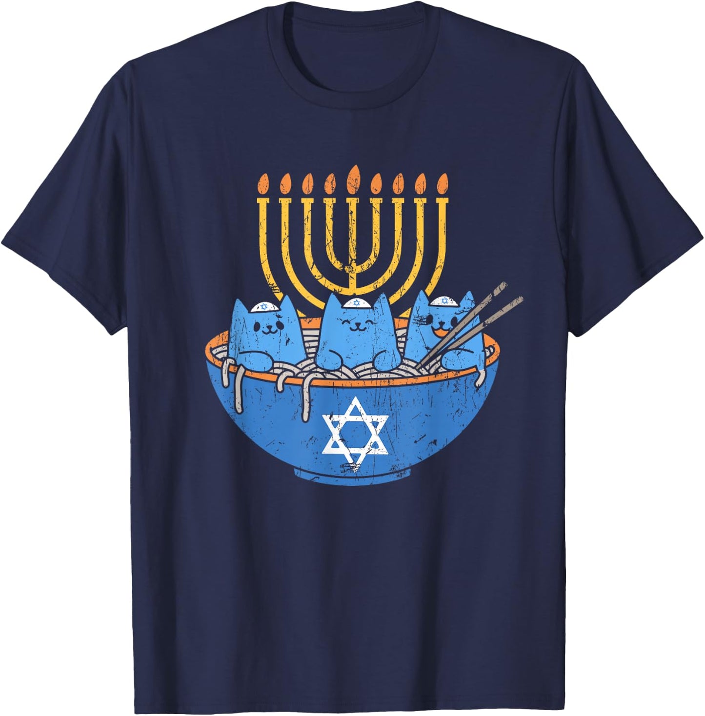 Chanukah Lover Hanukkah Gifts Jewish Cats Ramen Kitten Anime Hanukkah - -Adult, Anime, Cat Lovers, Families - Black, Small, Short Sleeve T-Shirt - T-Shirt | Navy
