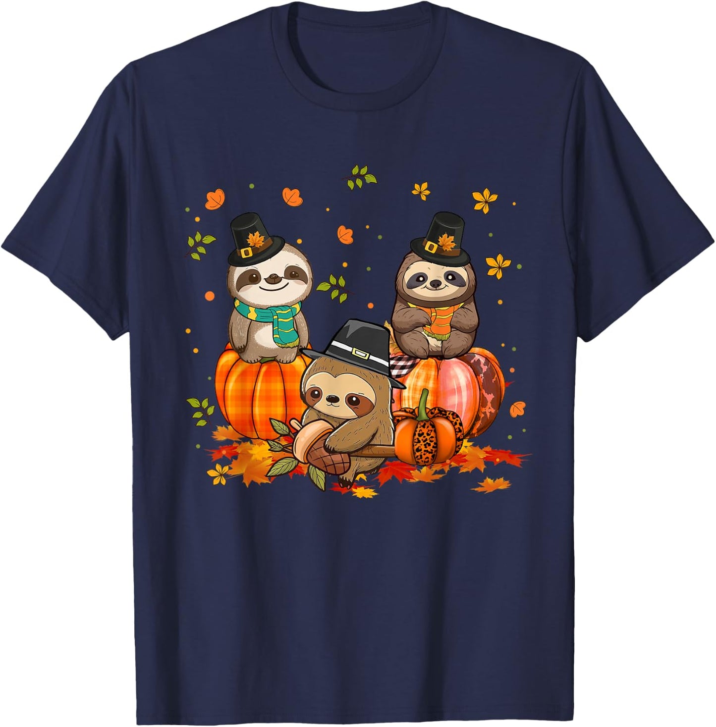 Sloth Pumpkin Leopard Buffalo Plaid Fall Thanksgiving T-Shirt - T-Shirt | Navy