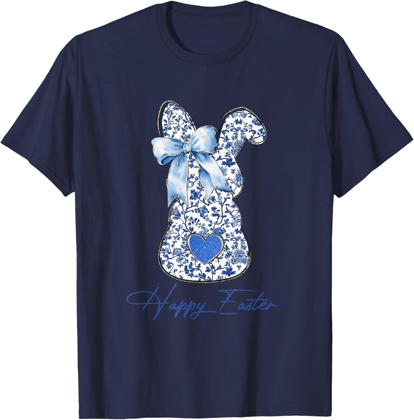 Happy Easter Blue Toile Chinoiserie Bunny Rabbit Women Girls T-Shirt - T-Shirt | Navy