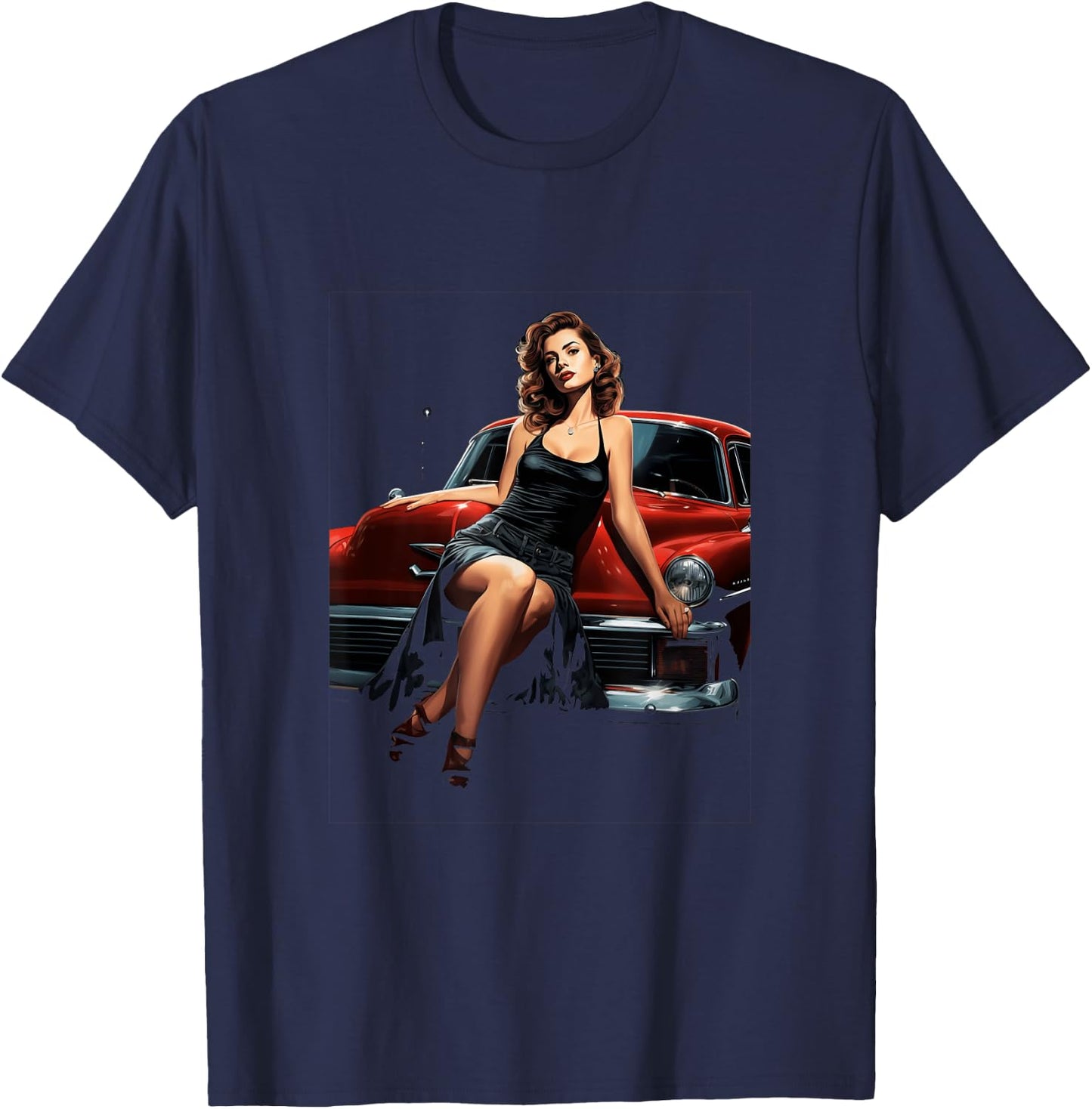 Pinup Girl Vintage Classic Car Hotrod Rockabilly T-Shirt - T-Shirt | Navy